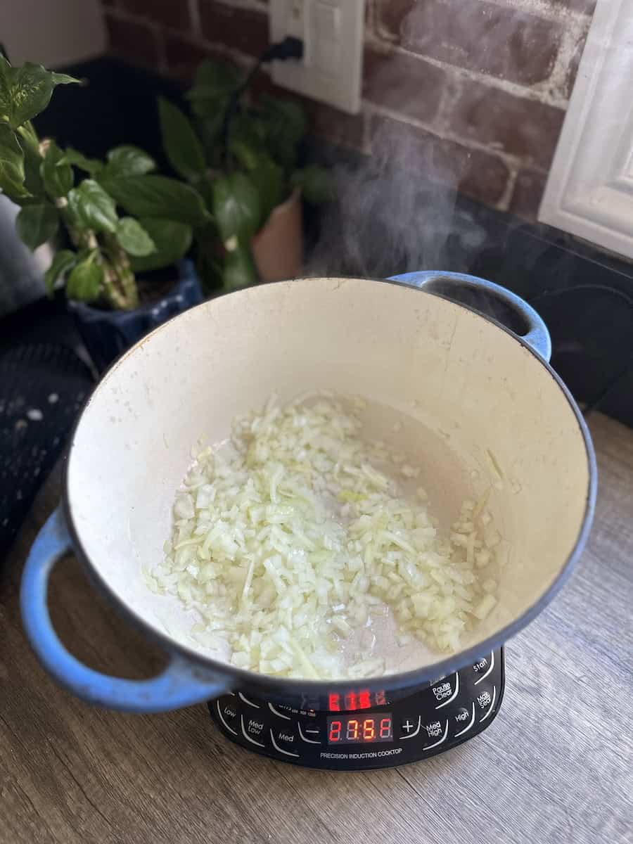 Akoho Sy Voanio cooking the onions